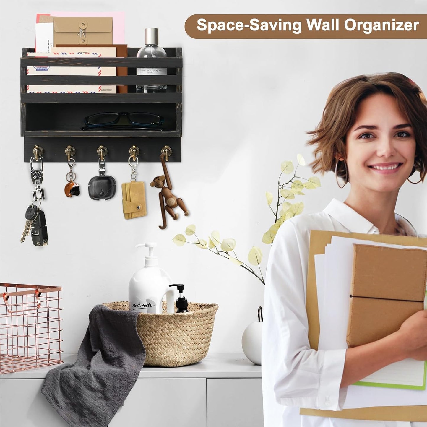 Key Holder Wall Mount with Mail Organizer, 5 Key Hooks, Brown | Wood Mail Organizer Wall Mounted with 5 Key Hooks & Storage Box and Mail Organizer for Entryway, Apartment, Home and Office