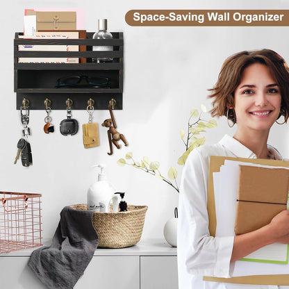 Key Holder Wall Mount with Mail Organizer, 5 Key Hooks, Brown | Wood Mail Organizer Wall Mounted with 5 Key Hooks & Storage Box and Mail Organizer for Entryway, Apartment, Home and Office