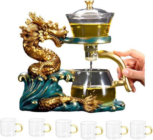 Glass Teapot Set Tea Maker with Infuser Semi Automatic Drip Rotating Cover Bowl Lazy Tea Set (Dragon, Teapot set)