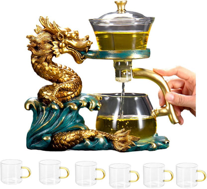 Glass Teapot Set Tea Maker with Infuser Semi Automatic Drip Rotating Cover Bowl Lazy Tea Set (Dragon, Teapot set)