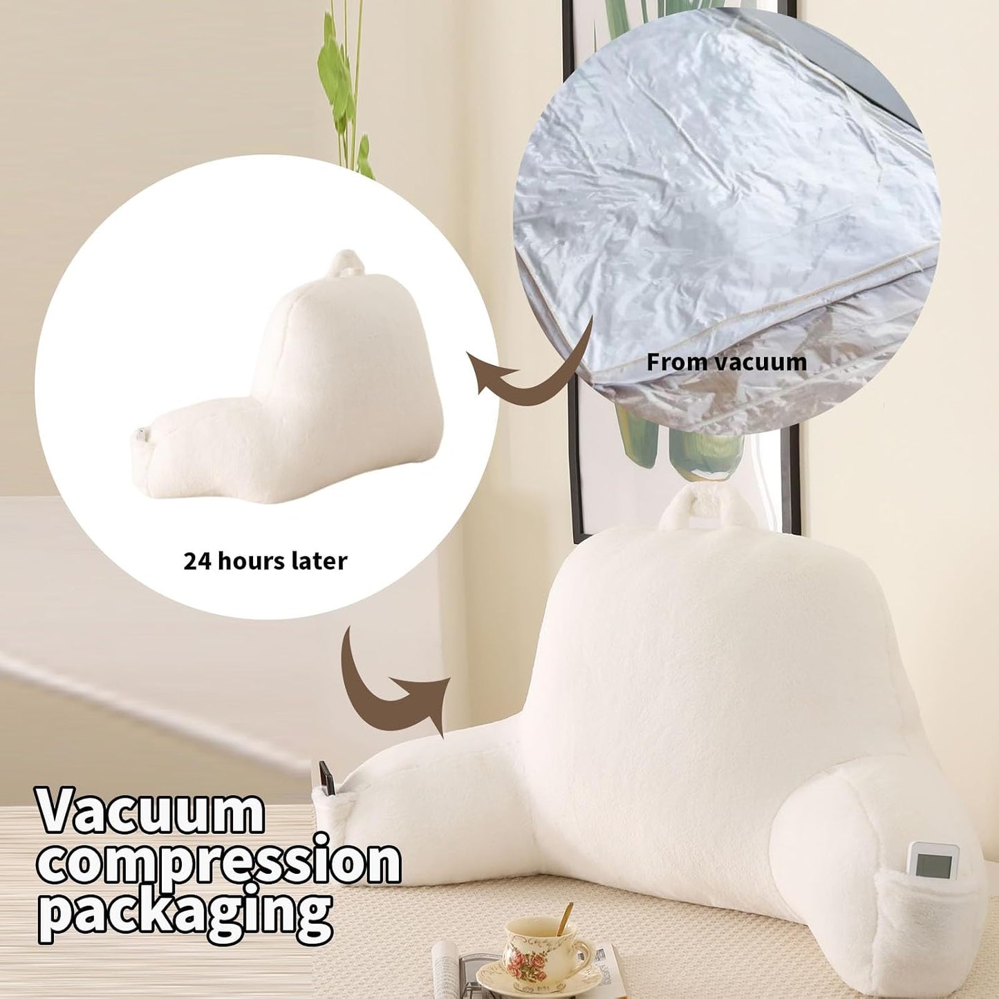 Reading Pillow with Arms for Sitting in Bed,Backrest,White Flannel,M | 17" Backrest Supports Back for College Students,Elbows & Forearms for Dorm Reading,Gaming,Watching TV