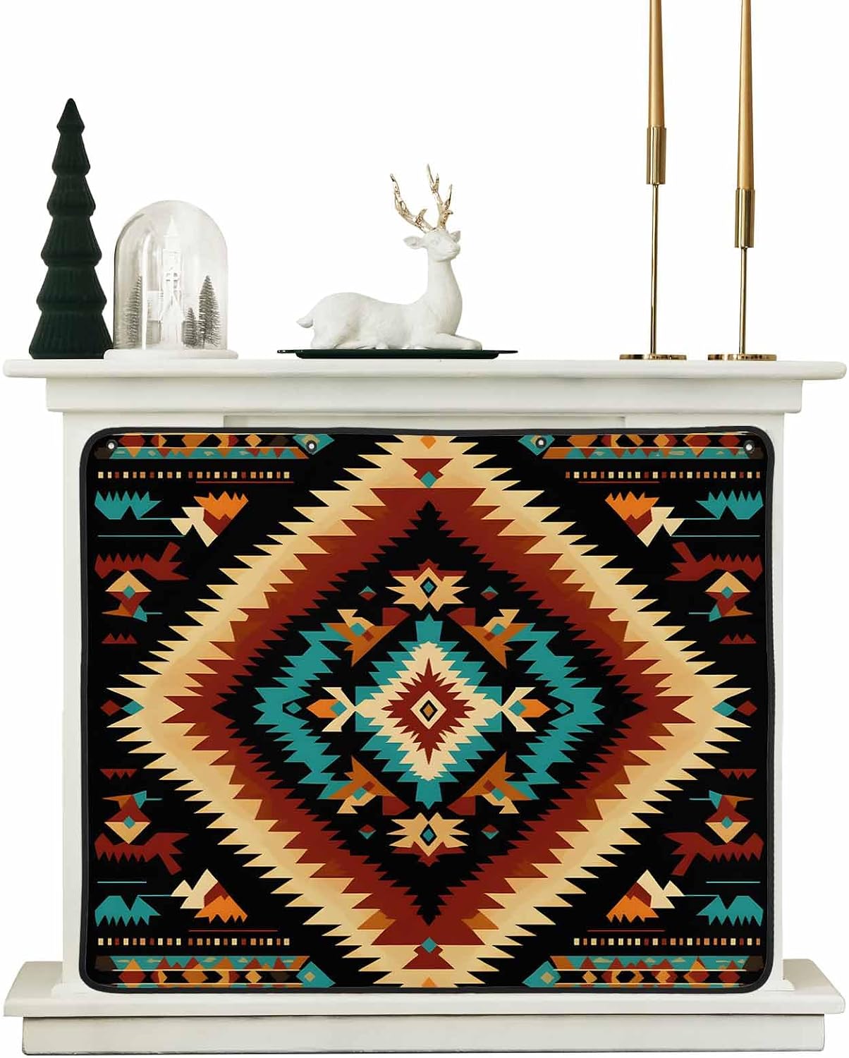 Western Aztec Magnetic Fireplace Cover Decorative Indoor For Brick Fireplace, Rustic Tribal Southwestern Boho Ethnic Insulation Fireplace Blocker Blanket Draft Stop Hot Heat Save Energy, 36"Wx27"H