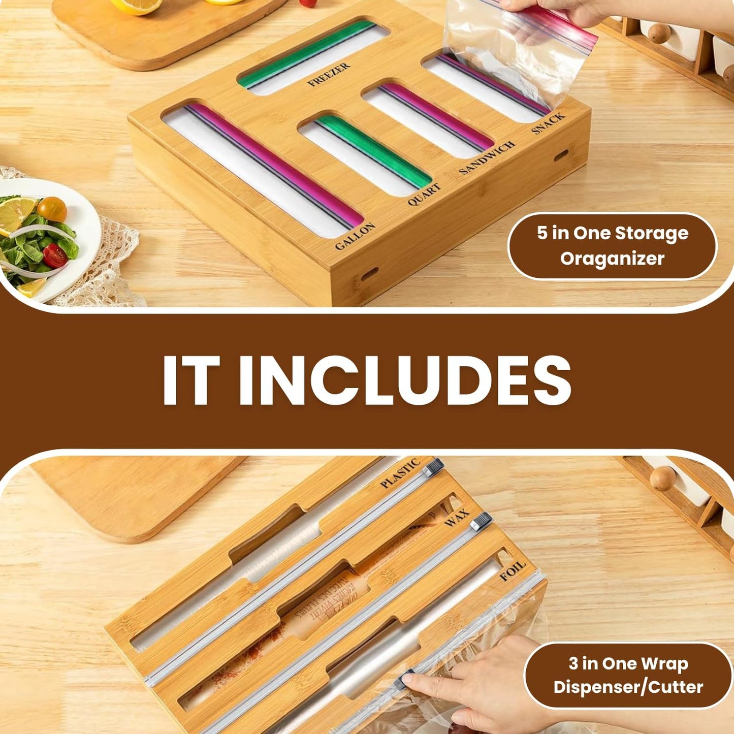 9-in-1 Bamboo Kitchen Drawer Organizer - Storage Bag Holder with Built-In Foil & Wrap Cutter Dispenser - Wooden Food Storage Bag Organizer for Gallon, Quart, Sandwich and Snack Sizes