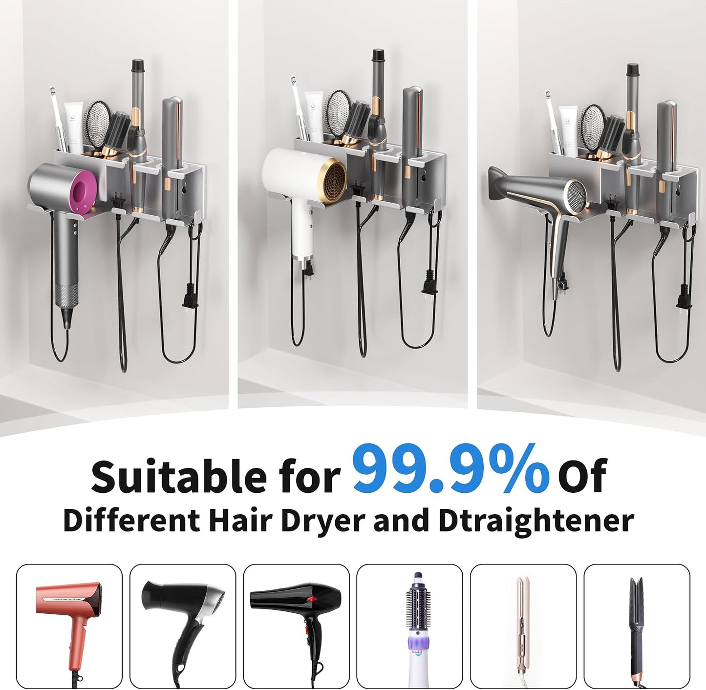 Hair Dryer Holder, Hair Tool Organizer Wall Mount, Adhesive or Drill, White | Blow Dryer Holder for Dryer Hook, Straightener Curling Irons Hairdryer Hair Appliance Hanger for Salon Bathroom Wall Storage