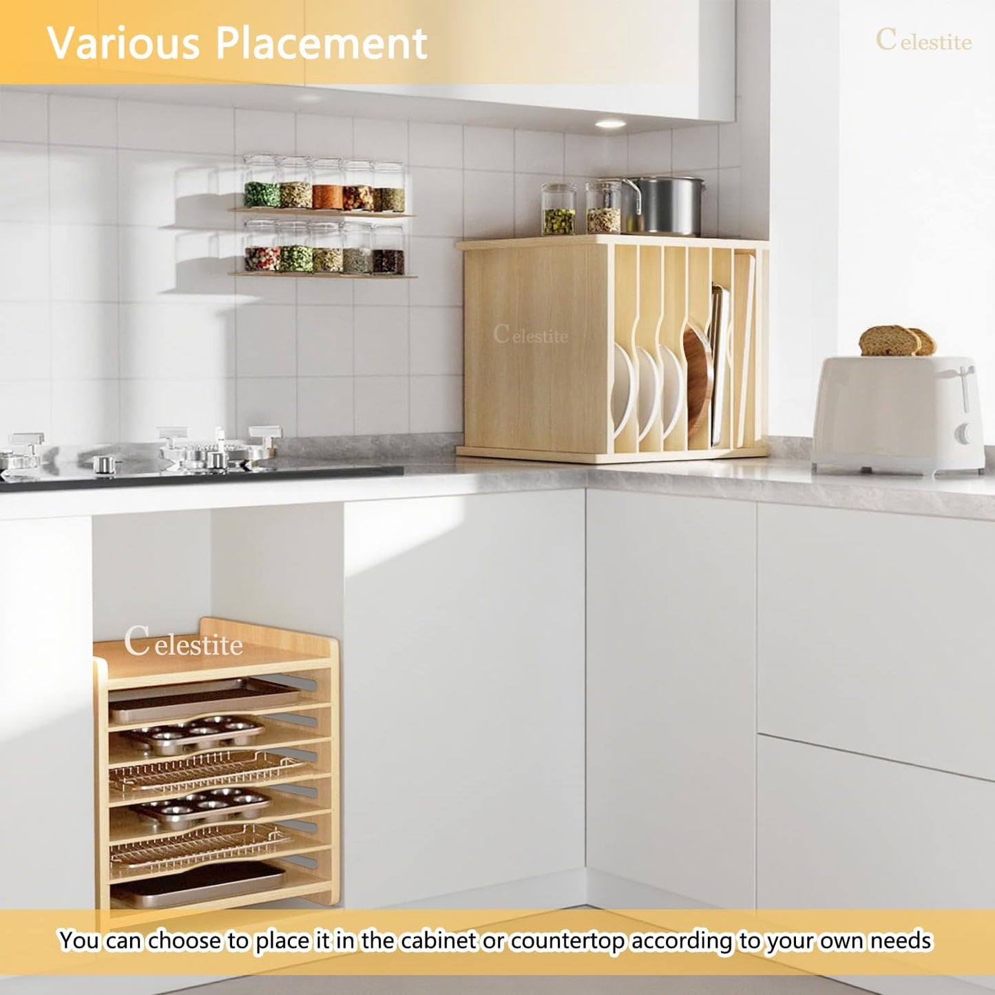 celestite Wooden Baking Sheet Organizer for Cabinet Baking Tray Organizer Cookie Sheet Organizer for Cabinet Kitchen Storage Organization Accessories