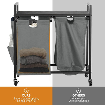 WOWLIVE Double Laundry Hamper with Wheels, Rolling Laundry Basket Organizer | Laundry Hamper 2 section with Lid, Iron-Made Laundry Sorter with Shelf, Removable Bags, Large Clothes Storage, White