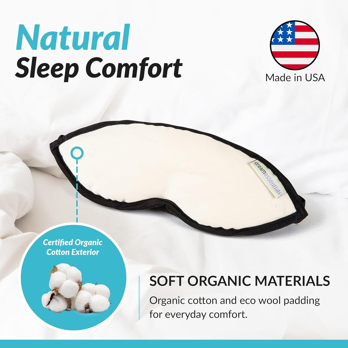 Dream Essentials Natura Organic Cotton Sleep Mask | Twilight Blue | Eye Mask for Sleeping, Light Blocking Soft Sleep Eye Cover with Eco Wool Padding | Made in USA Travel Accessories