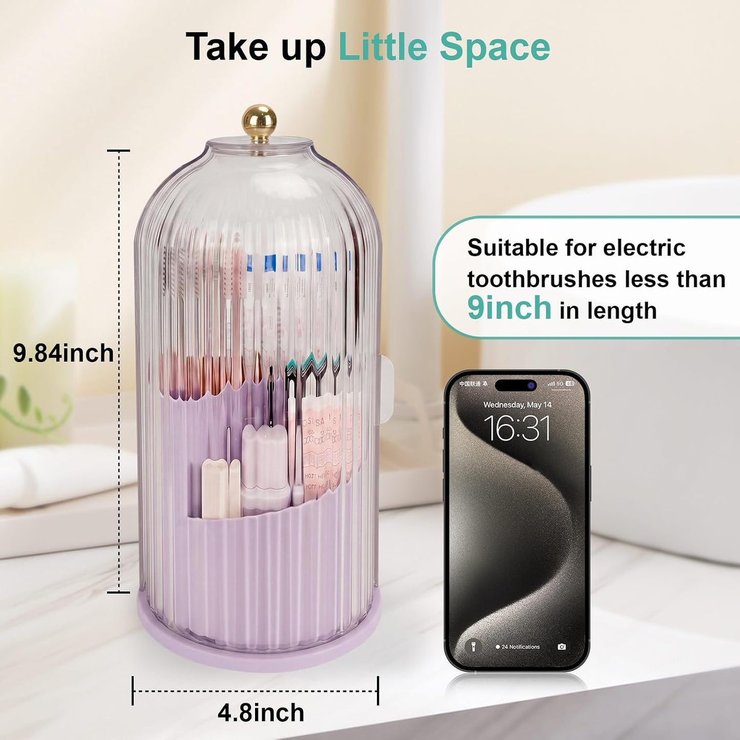 QIYVLOS Toothbrush Holders with Sliding Lid, Rotating 3 Slots Bathroom Organizer Countertop, Tooth Brush Toothpaste Holder Bathroom Counter Stand Sink Organizer Caddy for Vanity Makeup Brushes Holder