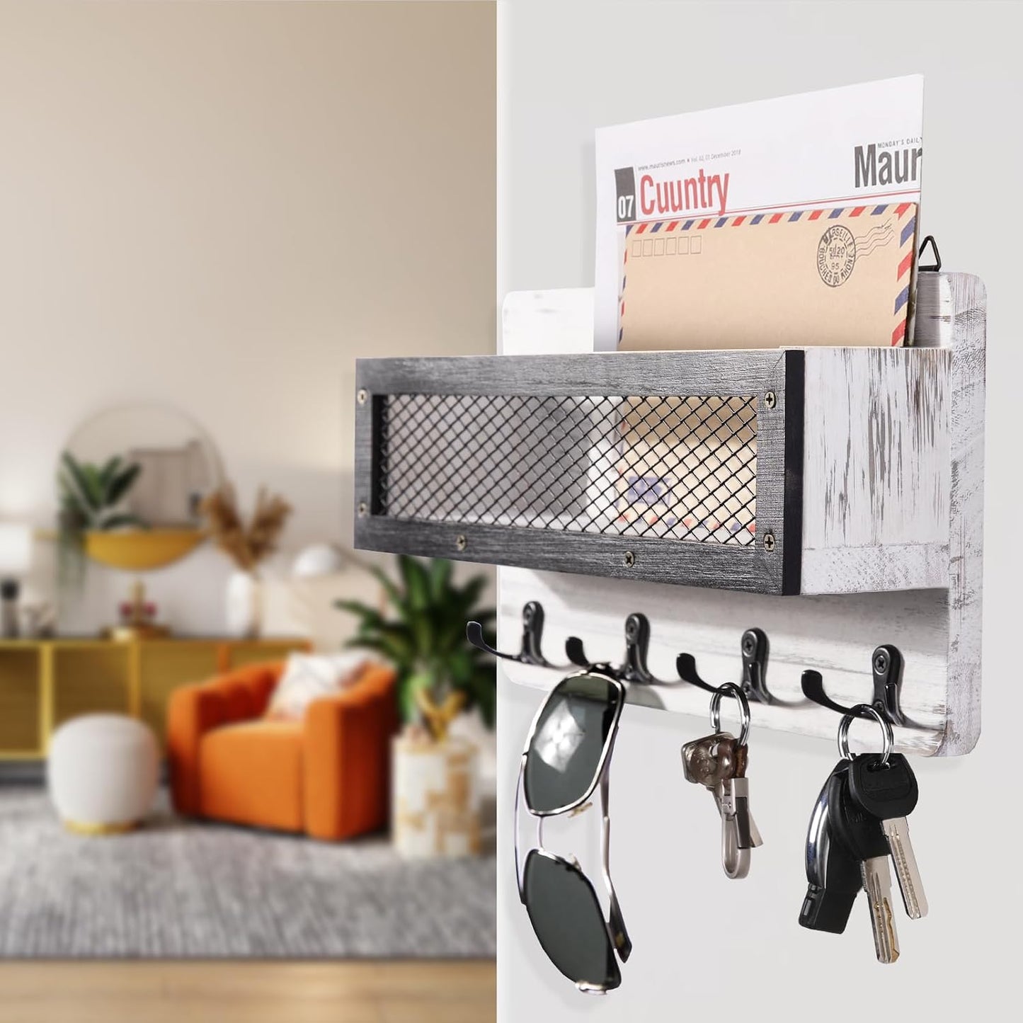 ADIIL Mail and Key Holder for Wall Decorative, Wooden Wall Mount Key Rack Hanger Organizer with 4 Double Key Hooks, Rustic Home Decor for Entryway Hallway, Brown