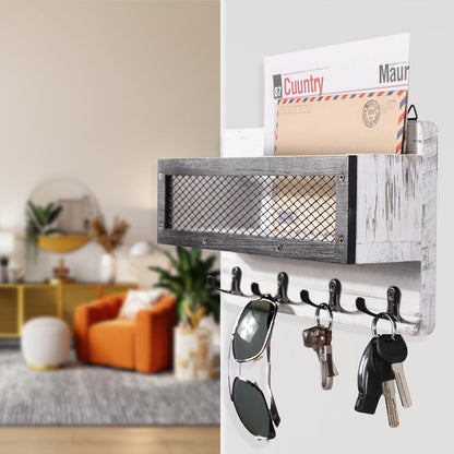 ADIIL Mail and Key Holder for Wall Decorative, Wooden Wall Mount Key Rack Hanger Organizer with 4 Double Key Hooks, Rustic Home Decor for Entryway Hallway, Brown