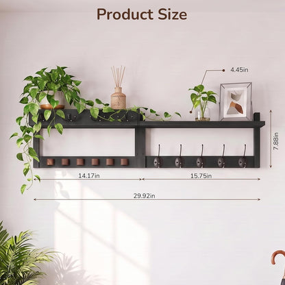 Wooden Key Holder Wall Mount with Shelf, Wall Key Rack and Mail Holder with 9 Key Hooks and 6 Sunglasses Holders, Farmhouse Key Hanger for Entryway Living Room Bedroom, Rustic Brown