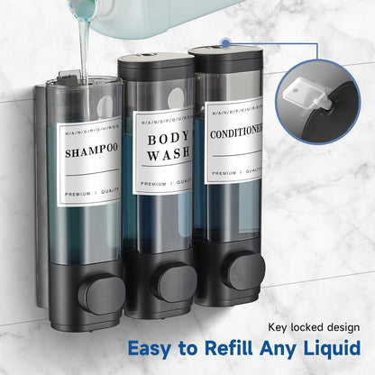 Shampoo and Conditioner Dispenser,Shower Soap Dispenser 3 Chamber No Drill Wall-Mounted Shampoo Dispenser for Shower Wall Mounted Shower Dispenser for Bathroom Hotel Large Capacity, Clear Bright