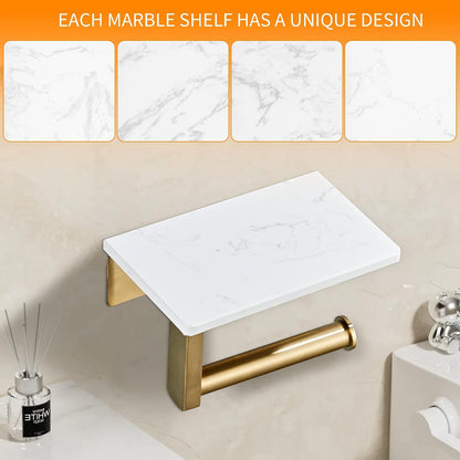 Brushed Nickel Toilet Paper Holder with Marble-Look Shelf, Wall Mounted SUS304 Stainless Steel Toilet Roll Holder with Phone Storage