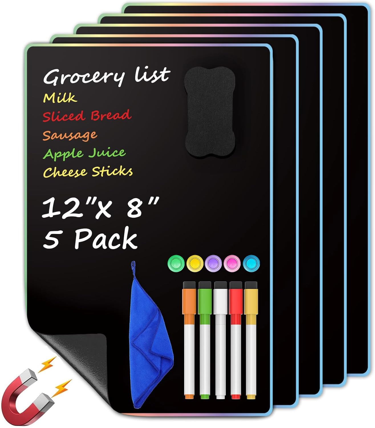MaxGear Magnetic Whiteboard for Fridge 12x8 White 5 Pack | Strong Magnet, Dry Erase, Reusable, Easy Clean, Stain Resistant, Meal Planner, Grocery List, Family Notes, Kitchen Organizer