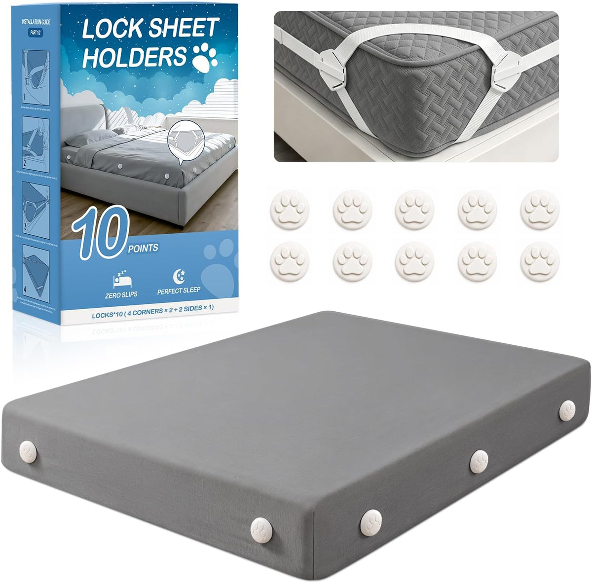 Bed Sheet Holders, Fitted Sheet Holder, 10 Twist-Locks, 360°Secure Fit