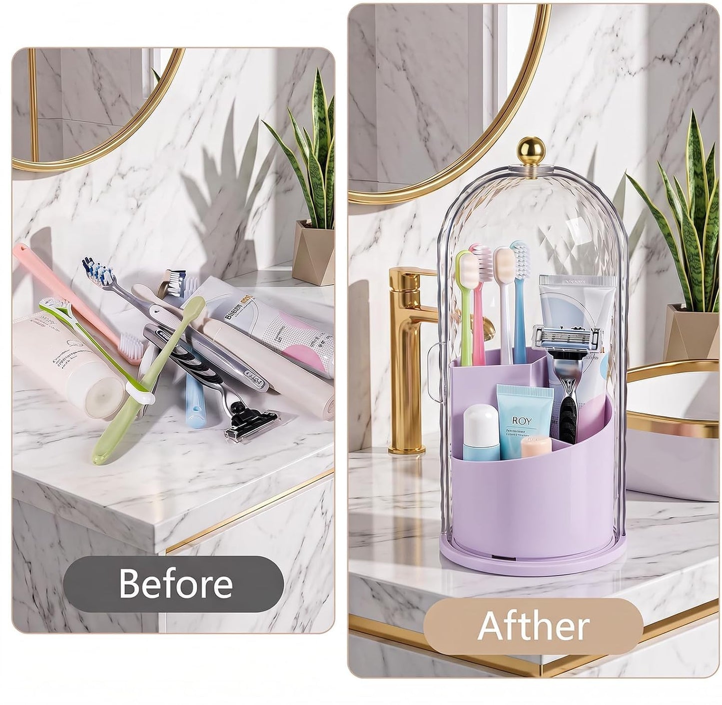 Toothbrush Holder with Cover for Bathroom Countertop, Organizer, White | Rotating 3 Slot Holder for Electric Toothbrushes, Toothpaste, Self Draining Vanity Organizer, Makeup Brush Storage