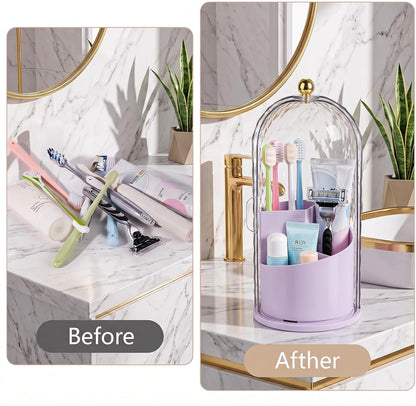 Toothbrush Holder with Cover for Bathroom Countertop, Organizer, White | Rotating 3 Slot Holder for Electric Toothbrushes, Toothpaste, Self Draining Vanity Organizer, Makeup Brush Storage