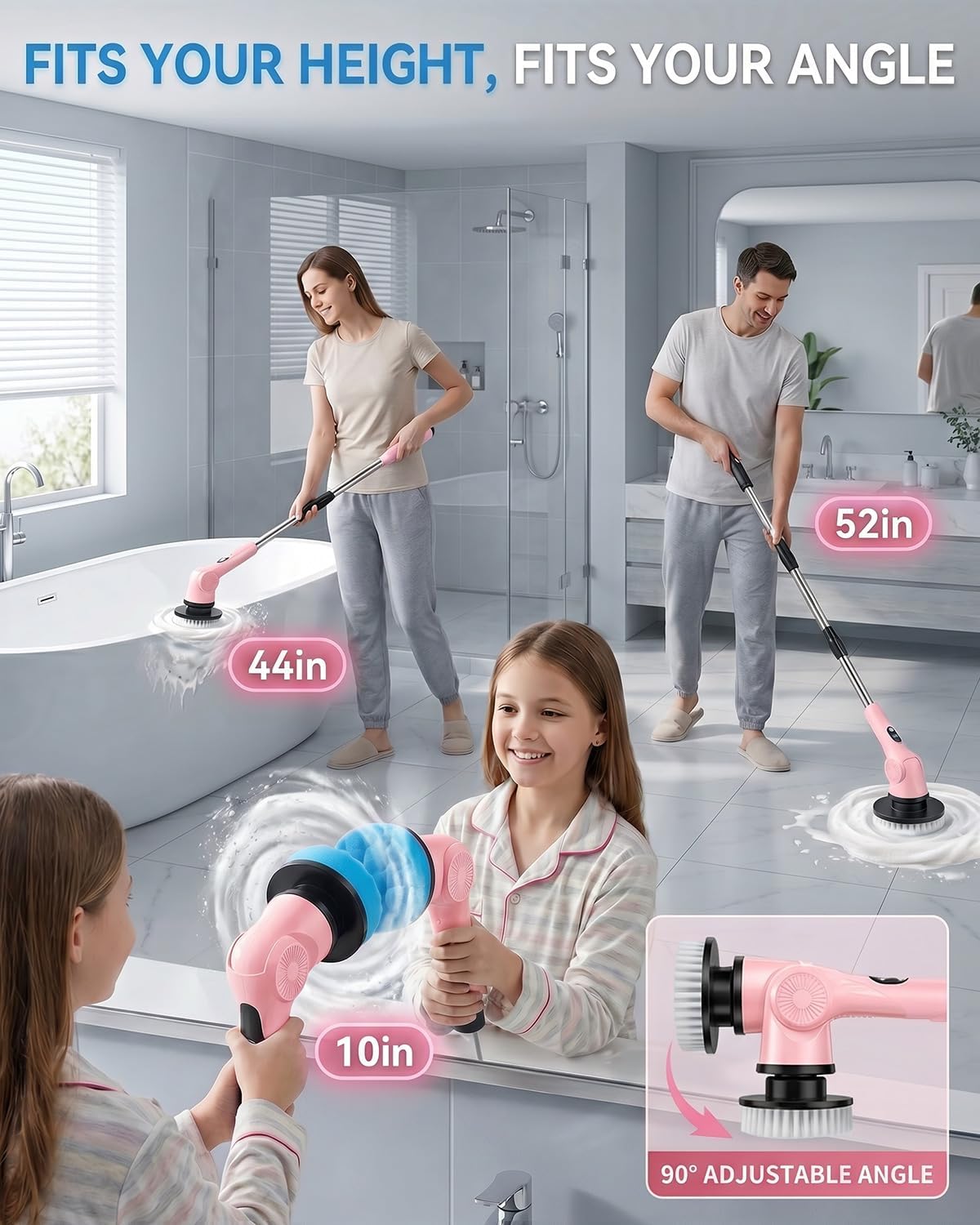Electric Spin Scrubber, 3-Speed Shower Scrubber with Long Handle & 10 Replaceable Brush Heads, Cordless Full-Body IPX7 Waterproof Shower Cleaner Brush with 90 Mins Runtime for Bathroom