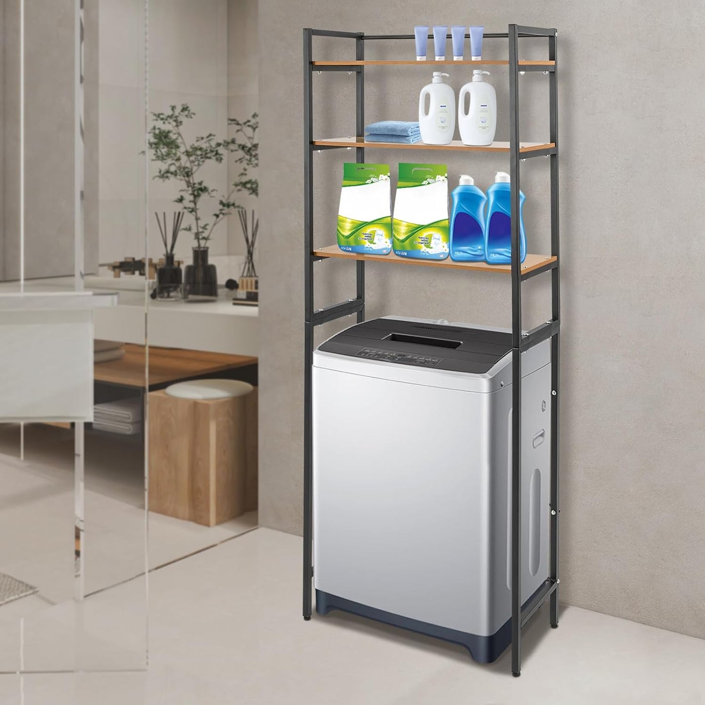 3 Tiers Over The Washer and Dryer Storage Shelf, Bathroom Rack Shelf with Adjustable Feet Freestanding Storage Rack Wood Laundry Shelf Organizer Black for Bathroom