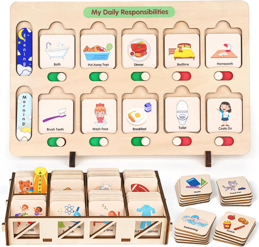 Dreamon Wooden Visual Schedule for Kids Morning and Bedtime Routine Chart | Toddler Chore Chart, Daily Schedule Board for Home/School, 80 Cards, Storage Box & Bag, Done Slider, Autism Learning Material