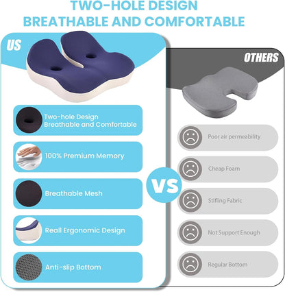 Seat Cushion, Memory Foam for Sit Bone and Back Pain Relief | Dual-Hole Ventilation, Coccyx,Sciatica and Tailbone Hip Relief ,Posture Support ,Office Chair and Car Seat,Home Use