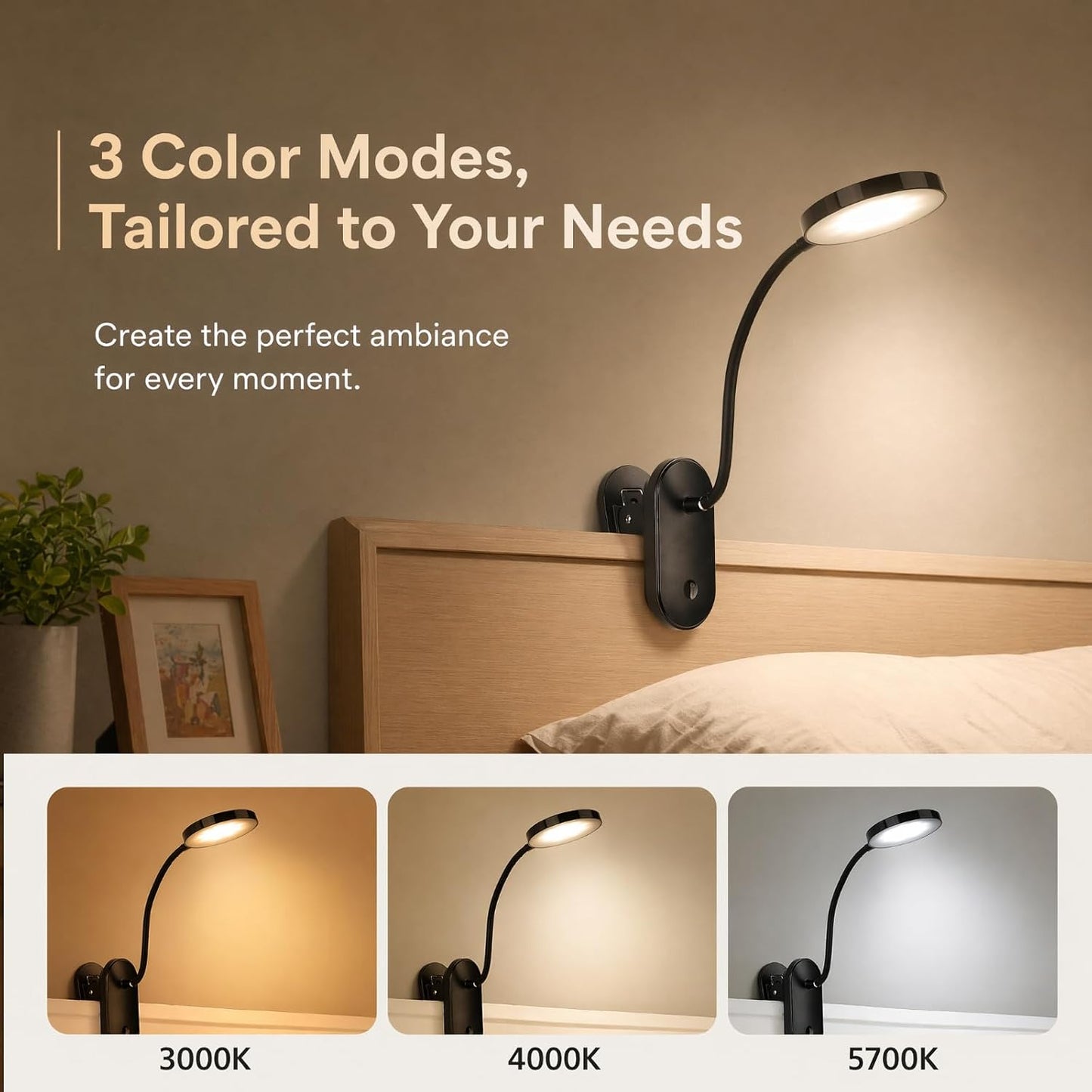 Clip on Light, Stepless Dimmable & 3 Colors Touch Control Clip On Bed Light. 2600mAh Rechargeable Reading Lights for Books in Bed, Headboard and Bedside Table Lamp, Reading Light For Dorm/Home