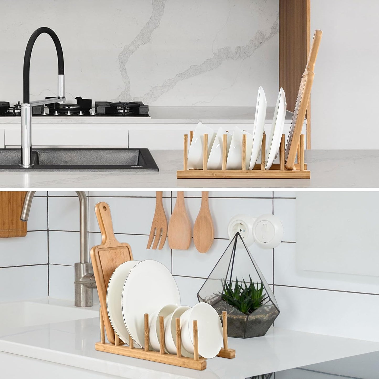 INNERNEED Bamboo Wooden Dish Rack, Vertical Plate & Lid Organizer | for Kitchen Cabinet or Countertop, Drying Stand for Dishes, Cutting Boards