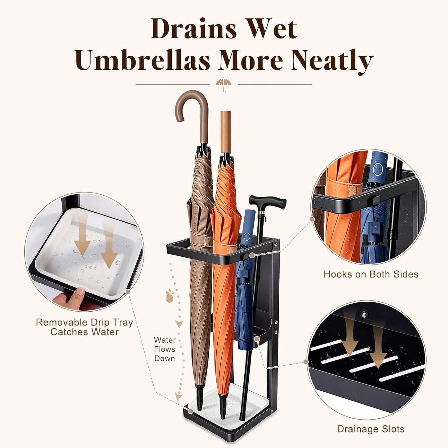 Umbrella Stand for Entryway, Sturdy Metal Umbrella Holder Indoor with Removable Drip Tray, Small Umbrella Rack for Long and Compact Umbrellas, Black Umbrella Storage Stand for Home Office