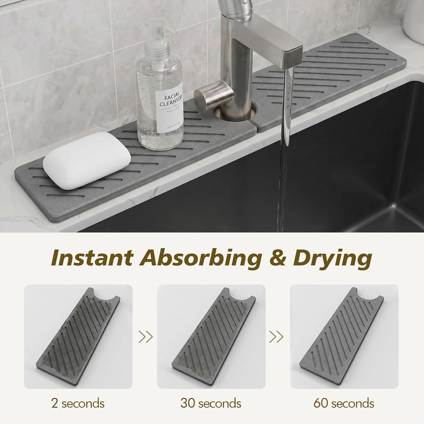 Stone Faucet Mat for Kitchen Sink,Absorbent Drying Mat(Dark Gray,23.6"×3.9" | Fast Drying Sink Splash Guard & Water Tray for Bathroom Counter,Quick Dry Sink Protector Kitchen Accessories