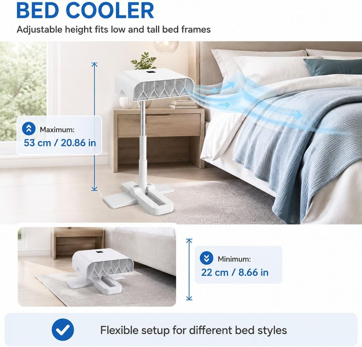 Bed Fan Under Sheets, 5-Speed Cooling System Adjustable 11-24 Inches | ABS housing, touch controls and brushless motor provide 12+ hour runtime for bedrooms, dorms, offices, camping and night use