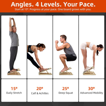 Slant Board for Exercise, Split Calf Stretcher for Physical Therapy | Split design for shoulder-width stance, single-leg rehab, ankle mobility, squats, non-slip wood, adjustable incline.
