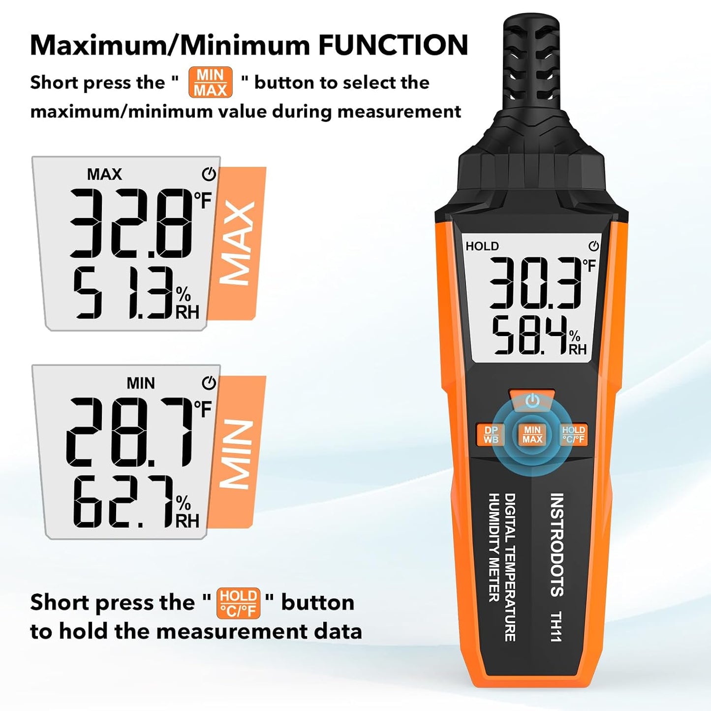 Temperature Humidity Meter, High Precision Thermometer Hygrometer with Ambient, Dew Point, Wet Bulb Thermometer, Dual Display Temperature & Humidity with LCD Backlight, TH10