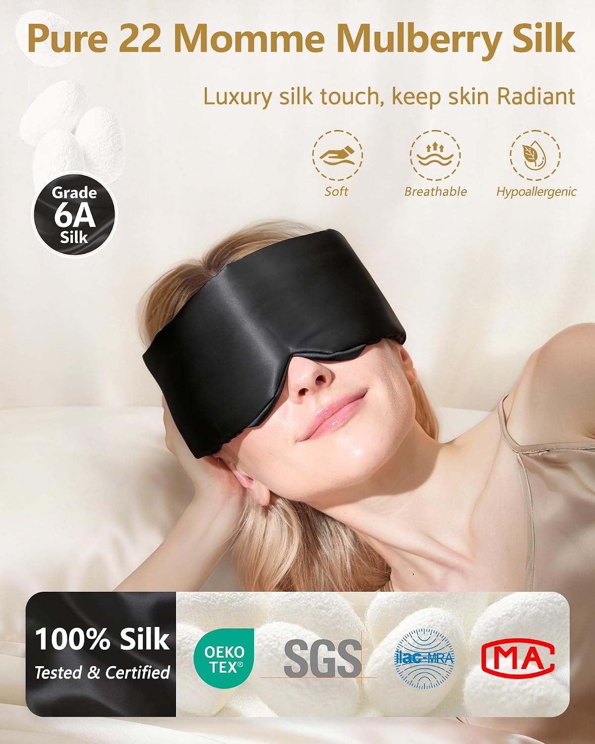 BeeVines Luxury Pure 100% Silk Sleep Mask for Women, 3D Contoured Eye Mask