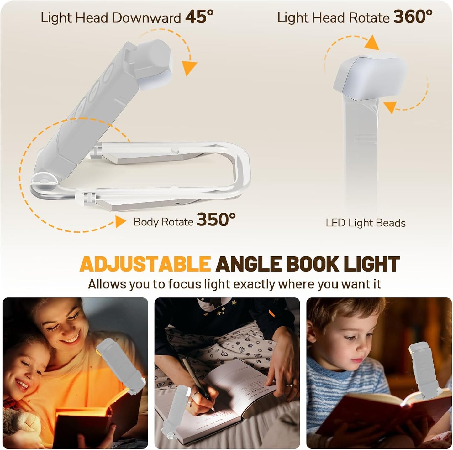 Book Reading Light Rechargeable Clip on Book Lamp with 3 Color Temperatures | 5-Level Dimmable Brightness, 3 Color Temperatures, 360° Rotatable USB Eye Caring