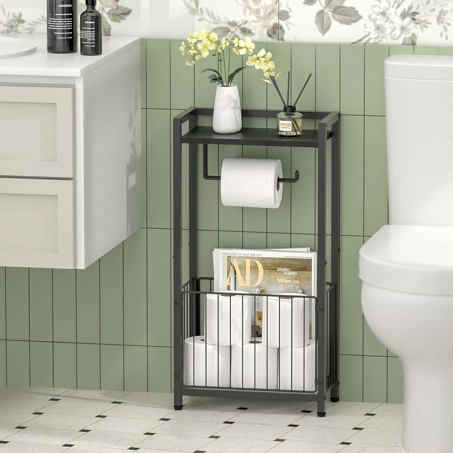 Freestanding Toilet Paper Holder with Storage Shelf | Bathroom Tissue Stand with Space for Phone, Tablet, and Magazines – All-in-One Toilet Roll Dispenser and Organizer