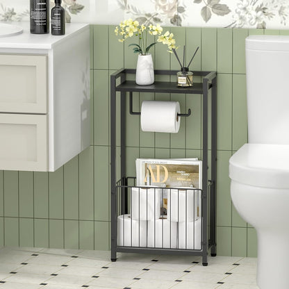 Freestanding Toilet Paper Holder with Storage Shelf | Bathroom Tissue Stand with Space for Phone, Tablet, and Magazines – All-in-One Toilet Roll Dispenser and Organizer