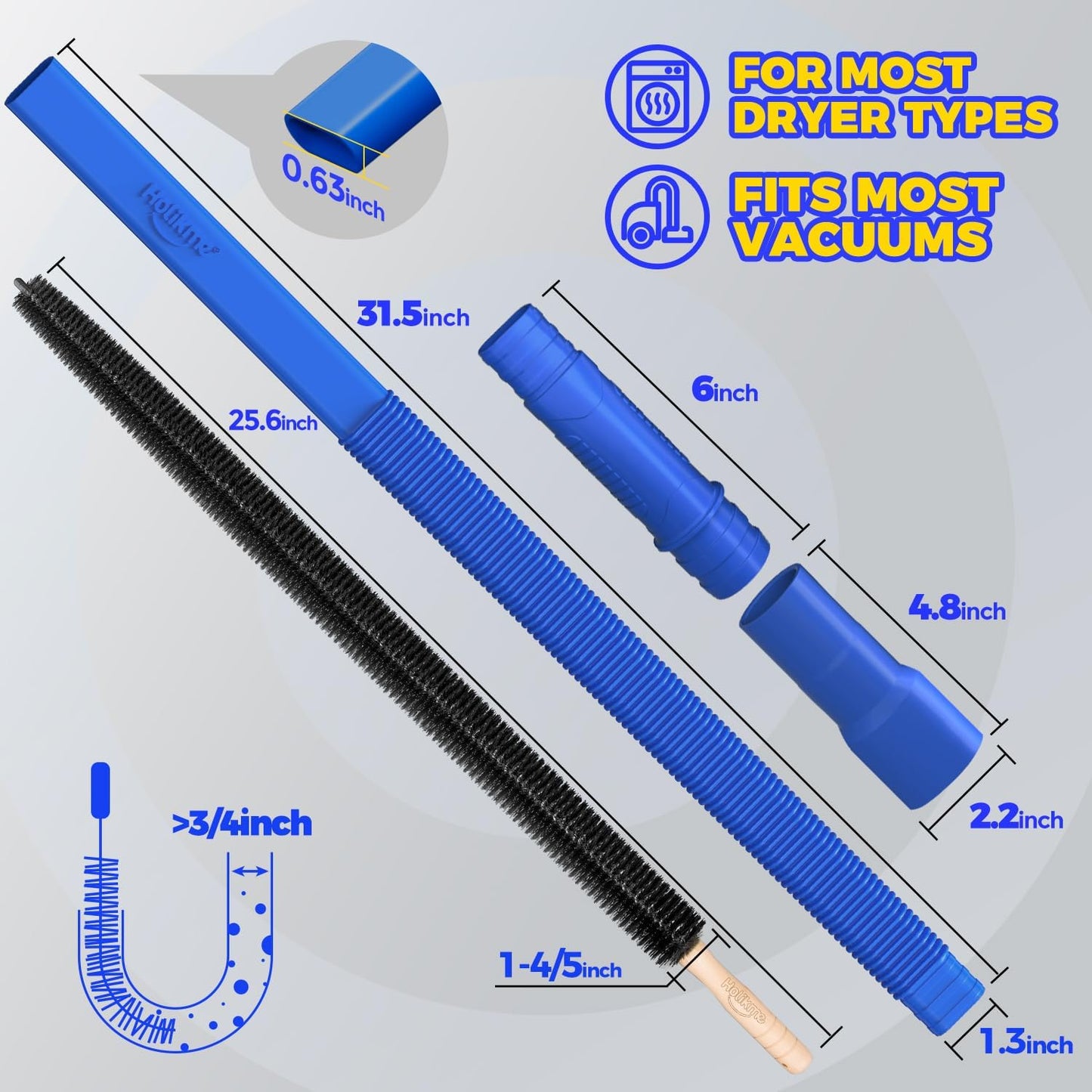 Holikme Dryer Vent Cleaner Kit 2Pack - Lint Vacuum Attachment & Brush | Blue Dryer Vent Vacuum Hose Attachment & Brush Reach Deep Traps - Remove Hidden Lint, Speed Drying & Reduce Fire Risk