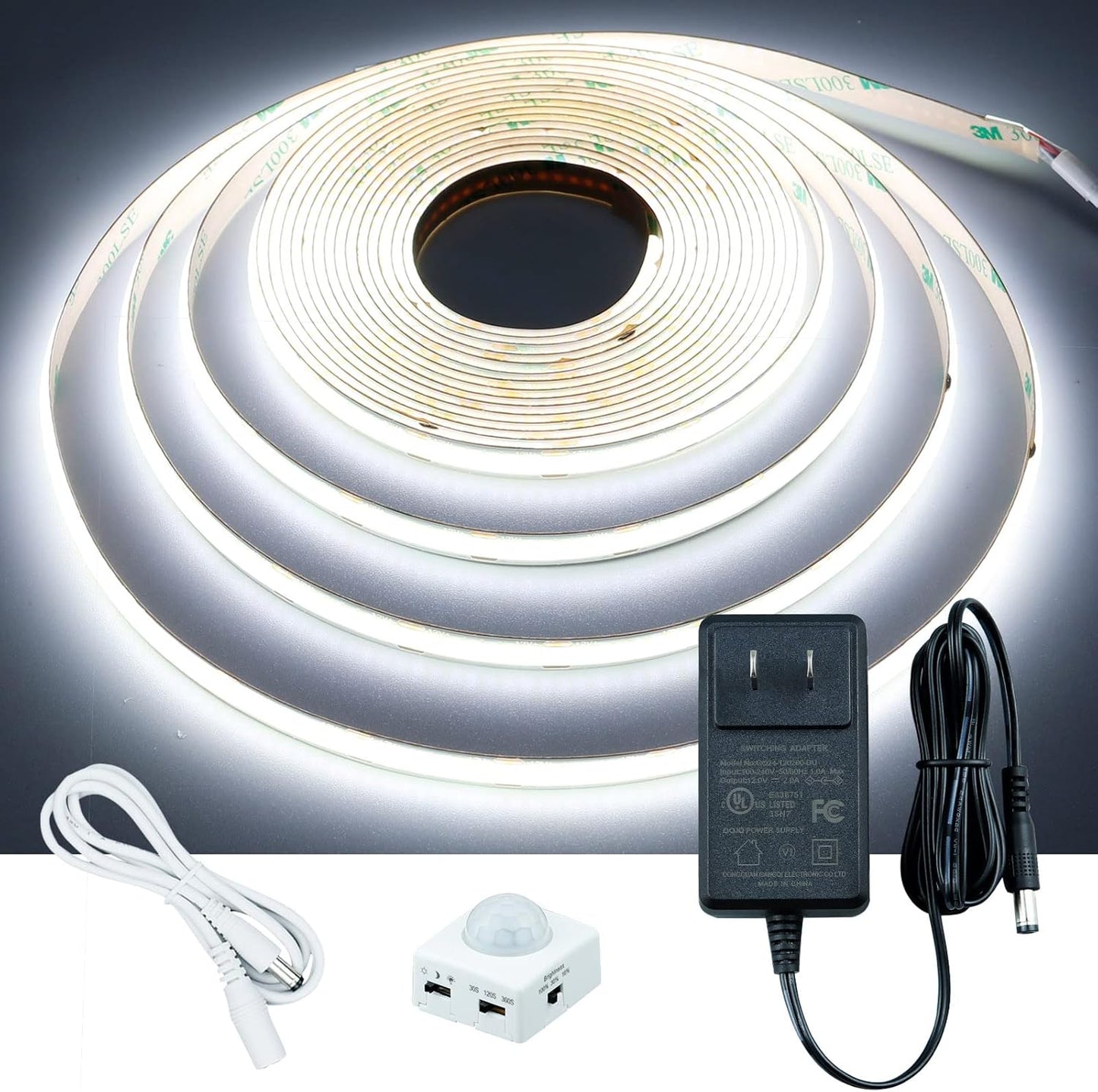GOMING Motion Sensor COB LED Light Strip 16.4ft(5M) Cool White 6000K | 3 Lighting Modes 3 Timing Off Modes 3 Brightness Modes with Power Adapter for Kitchen Cabinets Stair Showcase Bedroom Bed
