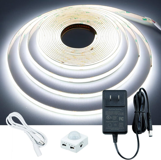 GOMING Motion Sensor COB LED Light Strip 16.4ft(5M) Cool White 6000K | 3 Lighting Modes 3 Timing Off Modes 3 Brightness Modes with Power Adapter for Kitchen Cabinets Stair Showcase Bedroom Bed