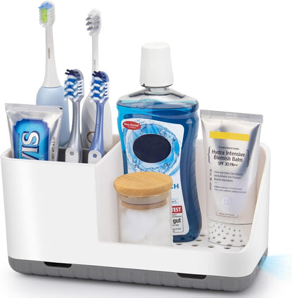 Toothbrush Holders for Bathroom Counter Organizer and Storage (White) | Easy To Clean, Drainage, Non-Slip, Detachable, Kids Electric Toothbrush and Toothpaste Holder for Bathroom