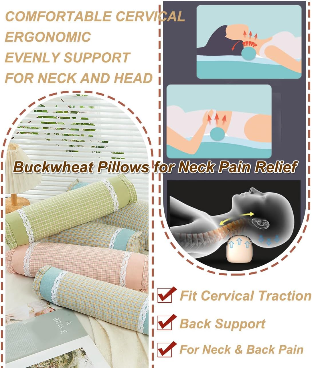 Buckwheat Neck Roll Pillow, Adjustable Bolster Cylinder Pillows with Plaid & Lace Trim Pillowcase, Firm Cervical Support Round Pillows Neck Pain Relief for Sleeping (16"x4",Blue)