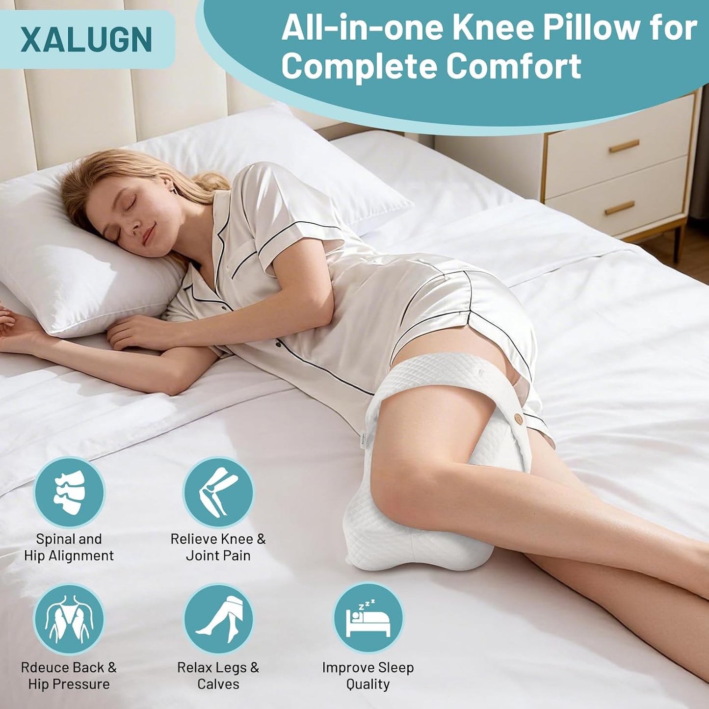 Knee Pillow for Side Sleepers – Memory Foam & Adjustable Strap | Hip & Spine Support, Cooling Cover, Machine Washable, Non-Slip Strap for Pain Relief, Post-Surgery, Travel & Leg Pillow.