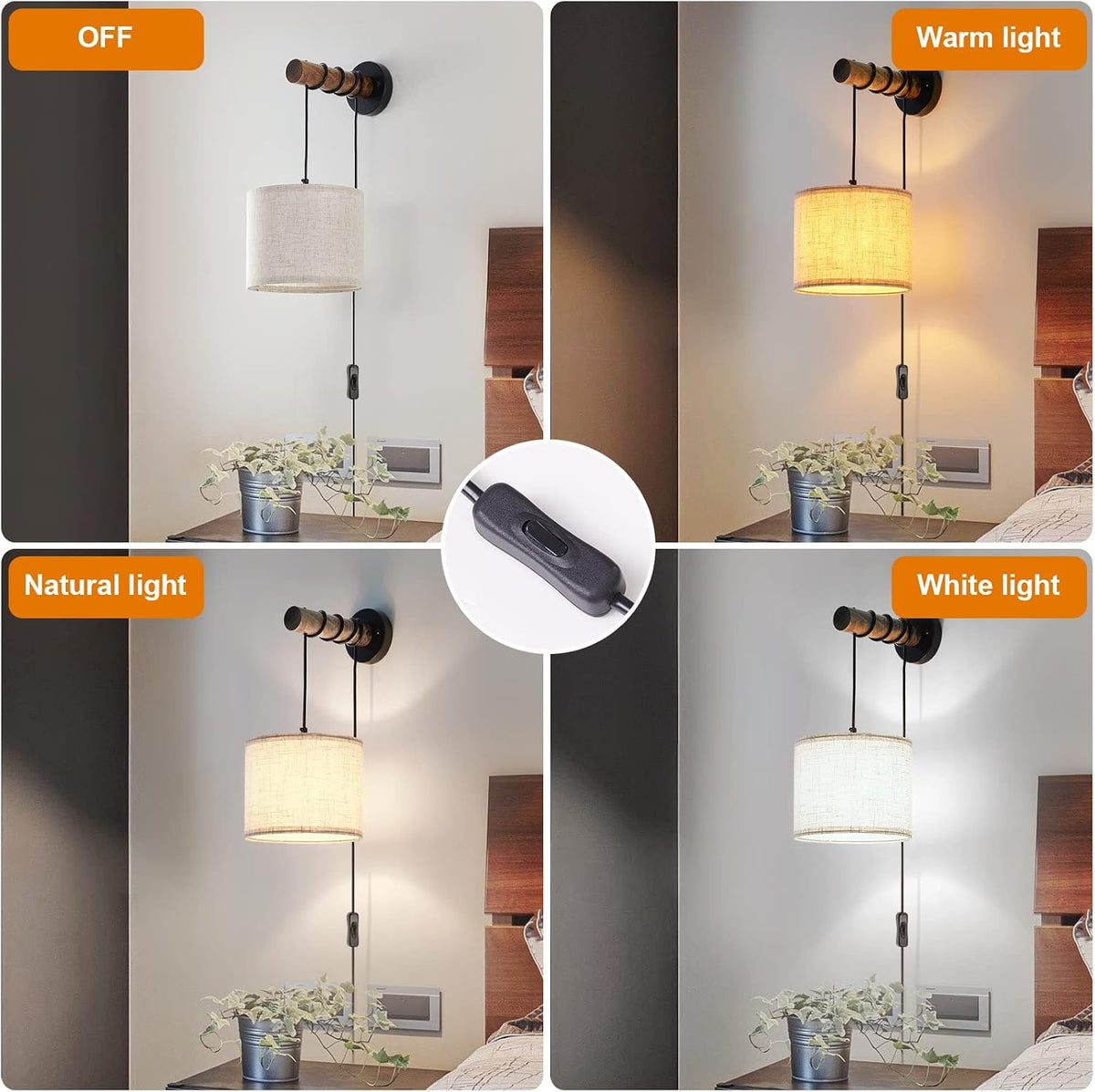 XSDeTu Battery Operated Wall Sconce with Remote, Rechargeable Battery Powered Wall Light, 3 Colors Dimmable Wall Mounted Lights, Adjustable Lamp for Bedroom Bedside, Wooden Arm, Fabric Shade, 2 Pcs
