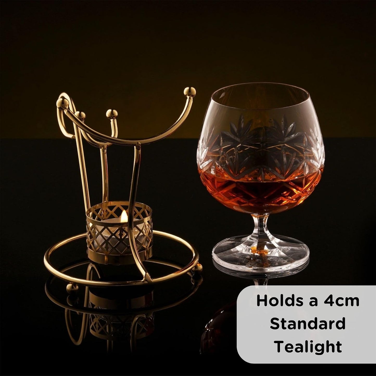 Brandy Warmer Stand Set - Cognac Brandy Snifter Warmer | Heater with Tea Light Holder and Metal Stand in Stunning Gold