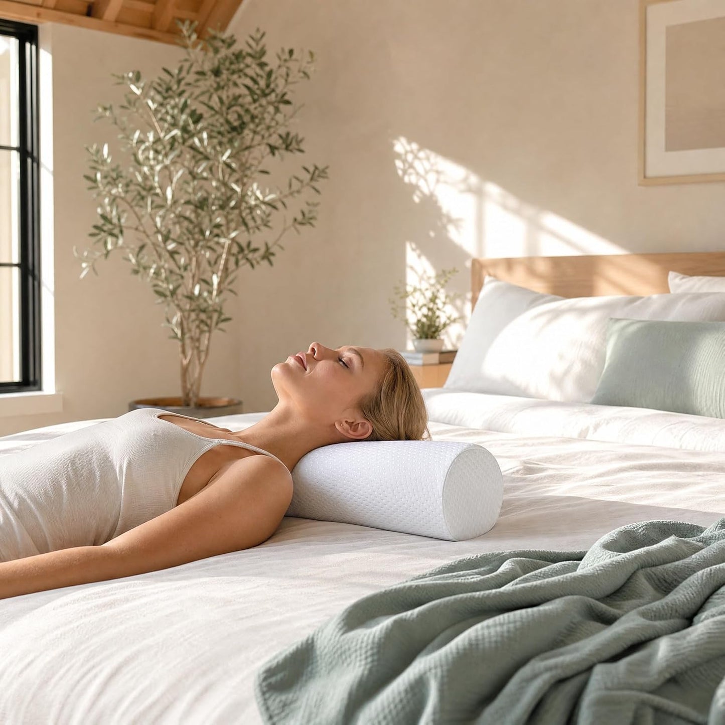 Bogey's Antidote Neck Roll Pillow for Pain Relief Sleeping, Cervical Memory Foam Cylinder Pillow,Travel Bolster Pillow for Bed for Side Sleepers Back Sleeper,15.7 * 6 * 6 inch (White)
