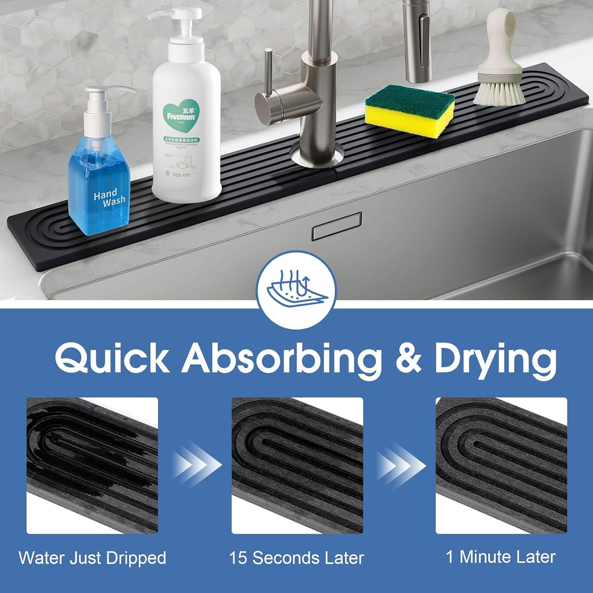 Fast Drying Stone Faucet Mat for Kitchen Sink with Raised Feet, Quick Drying Splash Guard, Faucet Splash Guard, Durable Protector for Kitchen, Bathroom Counter, Dark Gray, 15.8" x 4"