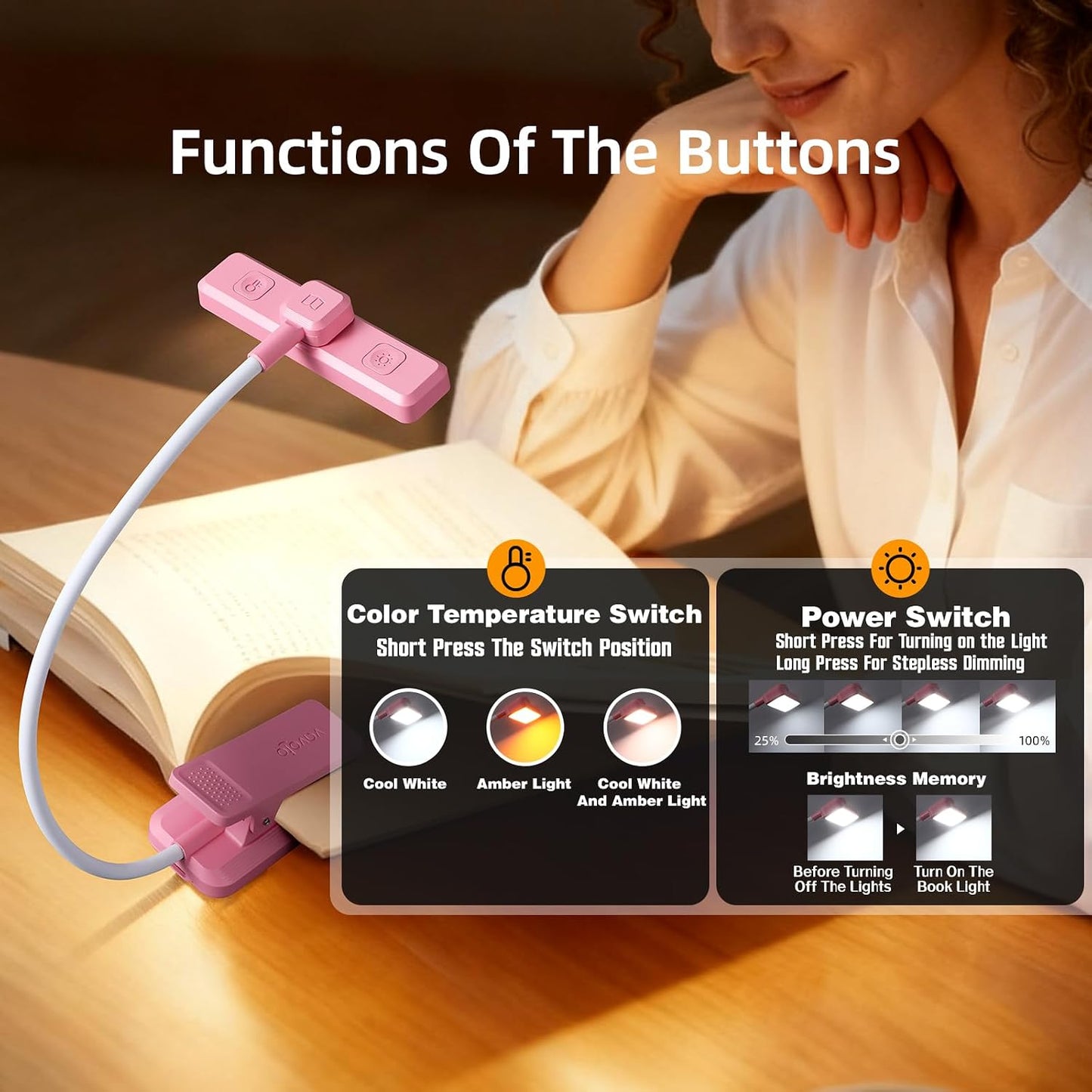 VAVOFO Rechargeable Book Light Rotatable：24 LEDs Reading Light, 3-Color & 9-Brightness Book Lamp, Eye Cared 120Hrs Runtime Lightweight Clip on Led Light for Book Lovers (Black)