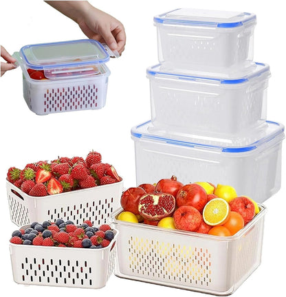 Yuonry 4 in 1 Food Storage Container, Fruit Storage Containers for Fridge, Produce Containers with Lid and Strainer, Including Drain Basket, Multipurpose Large Fruit Container for Fridge(Blue)