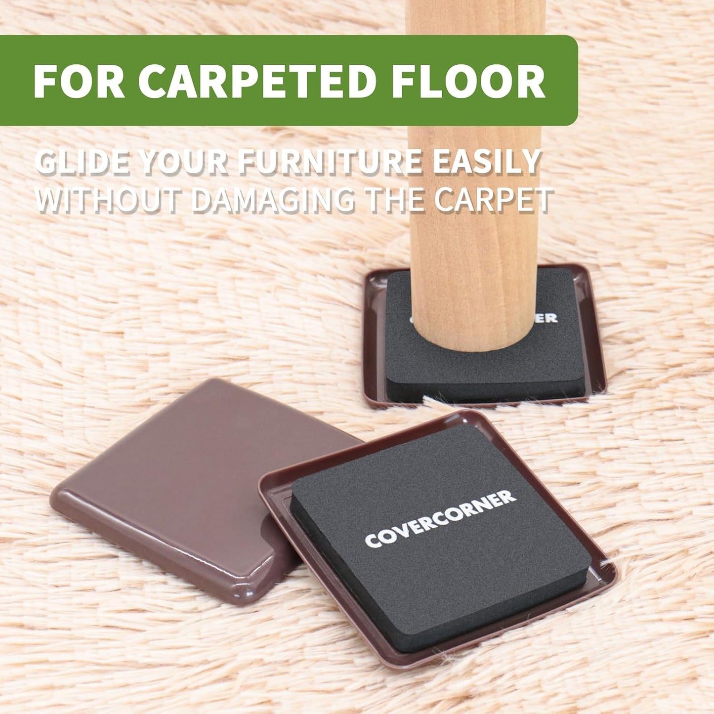 Furniture Sliders for Carpet 8 PCS - 3 1/2" Brown | Furniture Moving Sliders, Carpet Sliders for Furniture, Square Furniture Movers Sliders - Move Your Furniture Easily & Safely