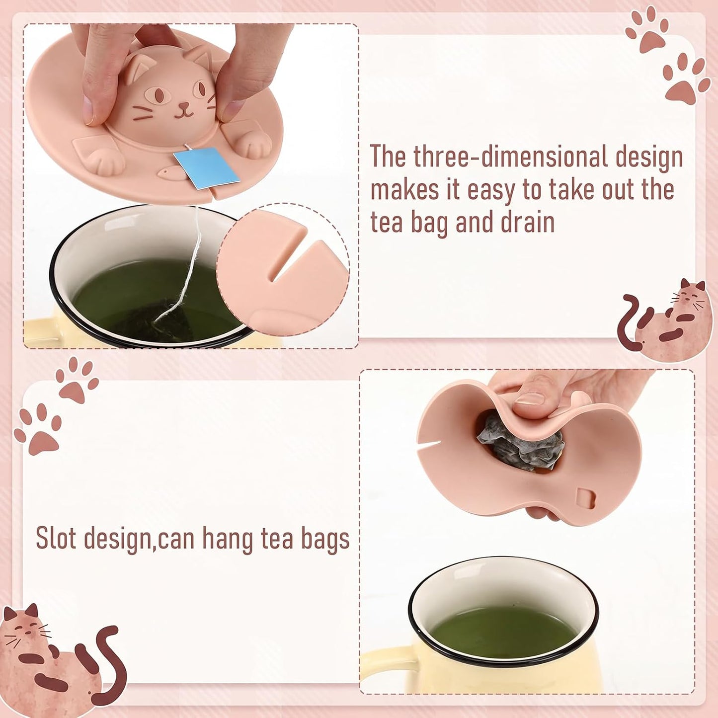 4 Pcs Tea Bag Squeezer 4 Inch Silicone Tea Bag Holder & Squeezer Dishwasher Safe Purple Cute Cat-shaped Cup Silicone Lids Warm Cover Supplies